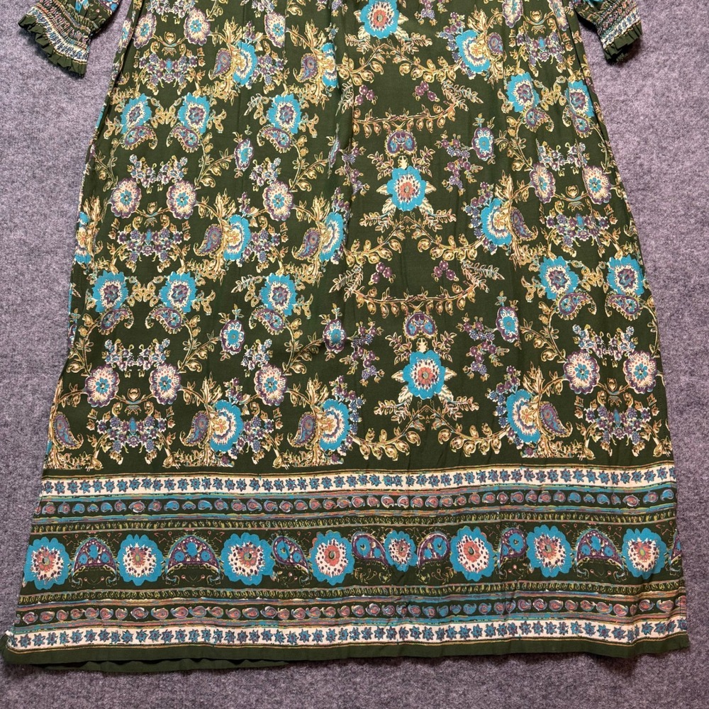 NATURAL LIFE Boho Paisley Rayon Midi Dress Olive Green Floral Tassel NWT Medium - Picture 2 of 10
